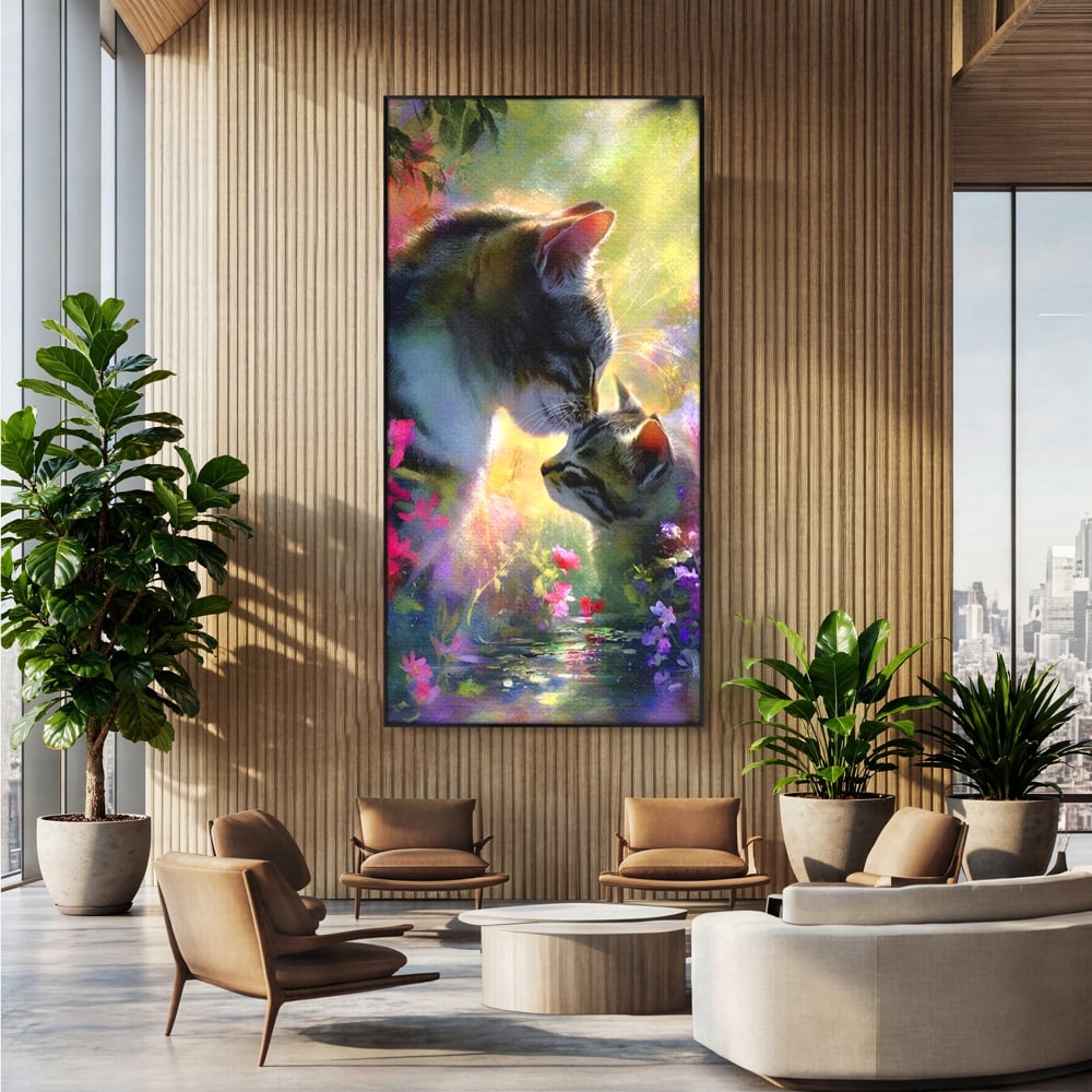 Tablou canvas cu tablou canvas cu pisici mangaite in gradina, in rama de aluminiu negru, pe perete intr-un birou